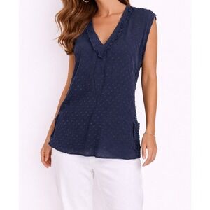 SUNNER Silk Blend Sleeveless Blouse Navy Textured Swiss Dot Top S